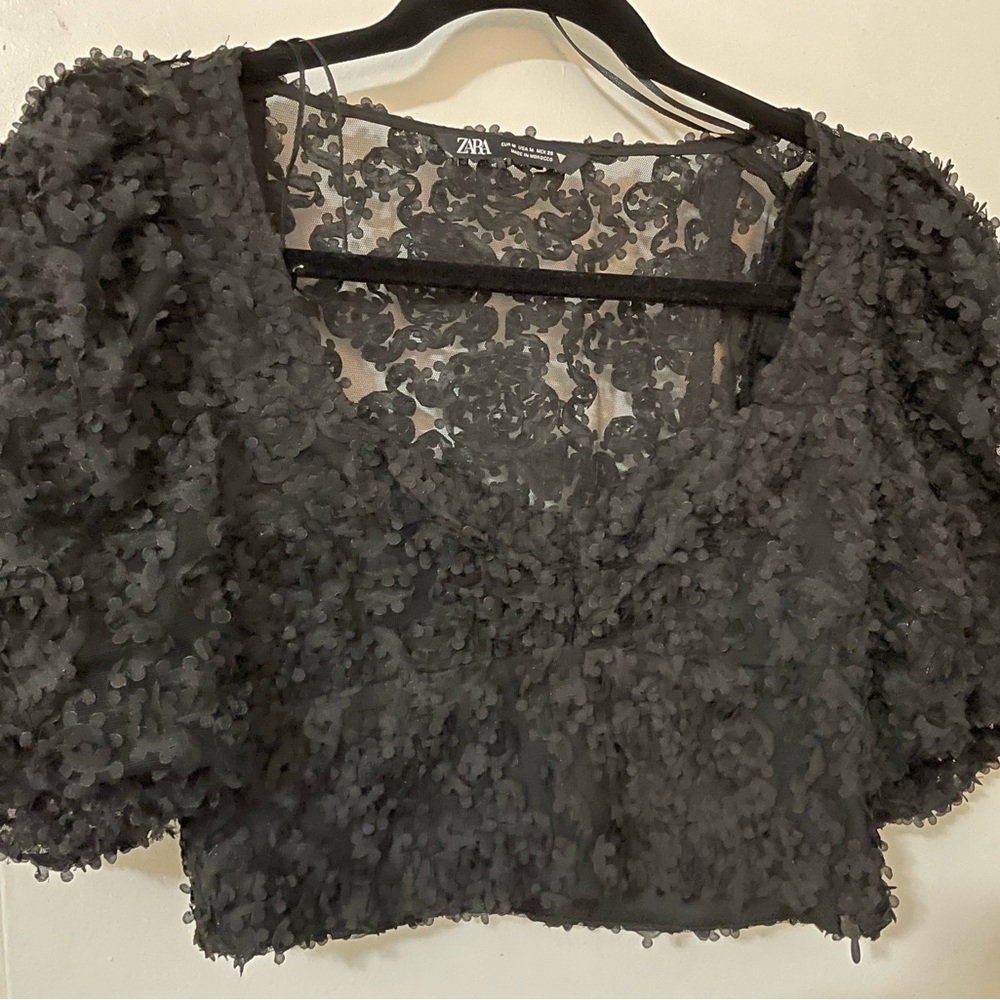 ZARA | Black Top - Puff sleeve | Textured Tulle